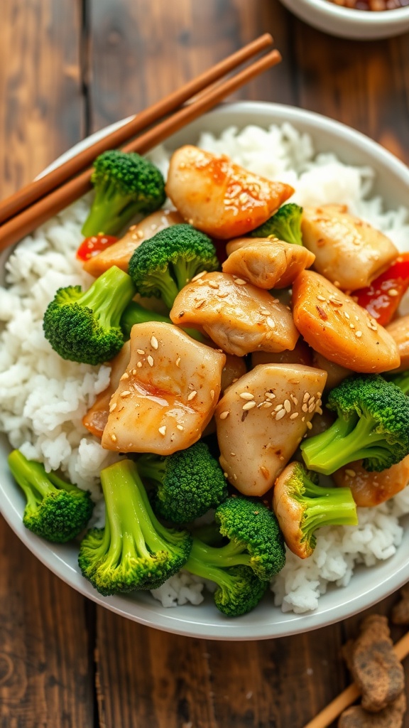 Chicken and broccoli stir-fry with rice, garnished with sesame seeds, served on a rustic table.